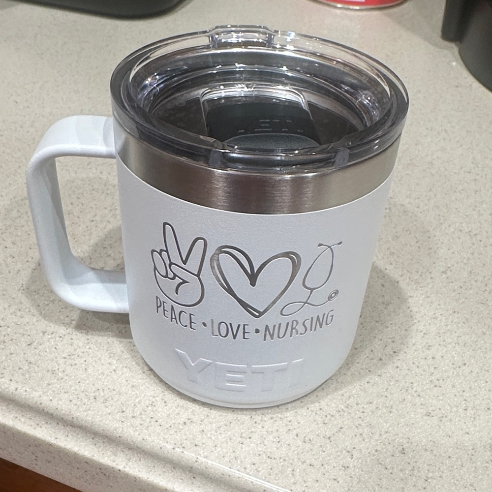 YETI White Mug with Peace Love Nursing Design